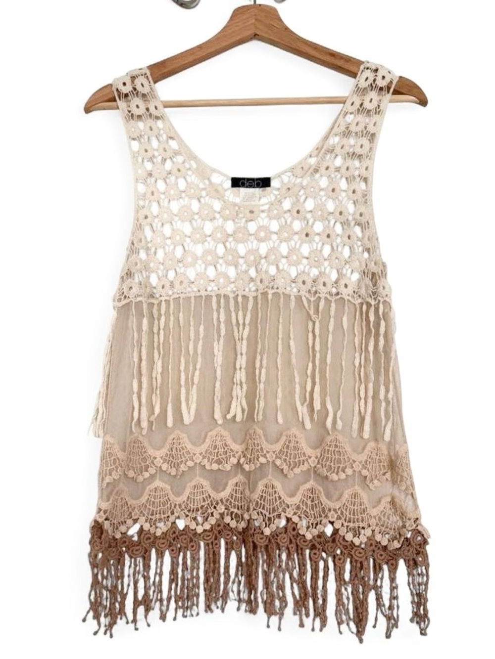 Cream Nude Knit Boho Tank Sleeveless Loose Fit Vintage Embroidered Large Deb